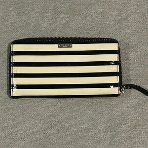 Kate Spade Glossy Black and Cream Striped Long Wallet